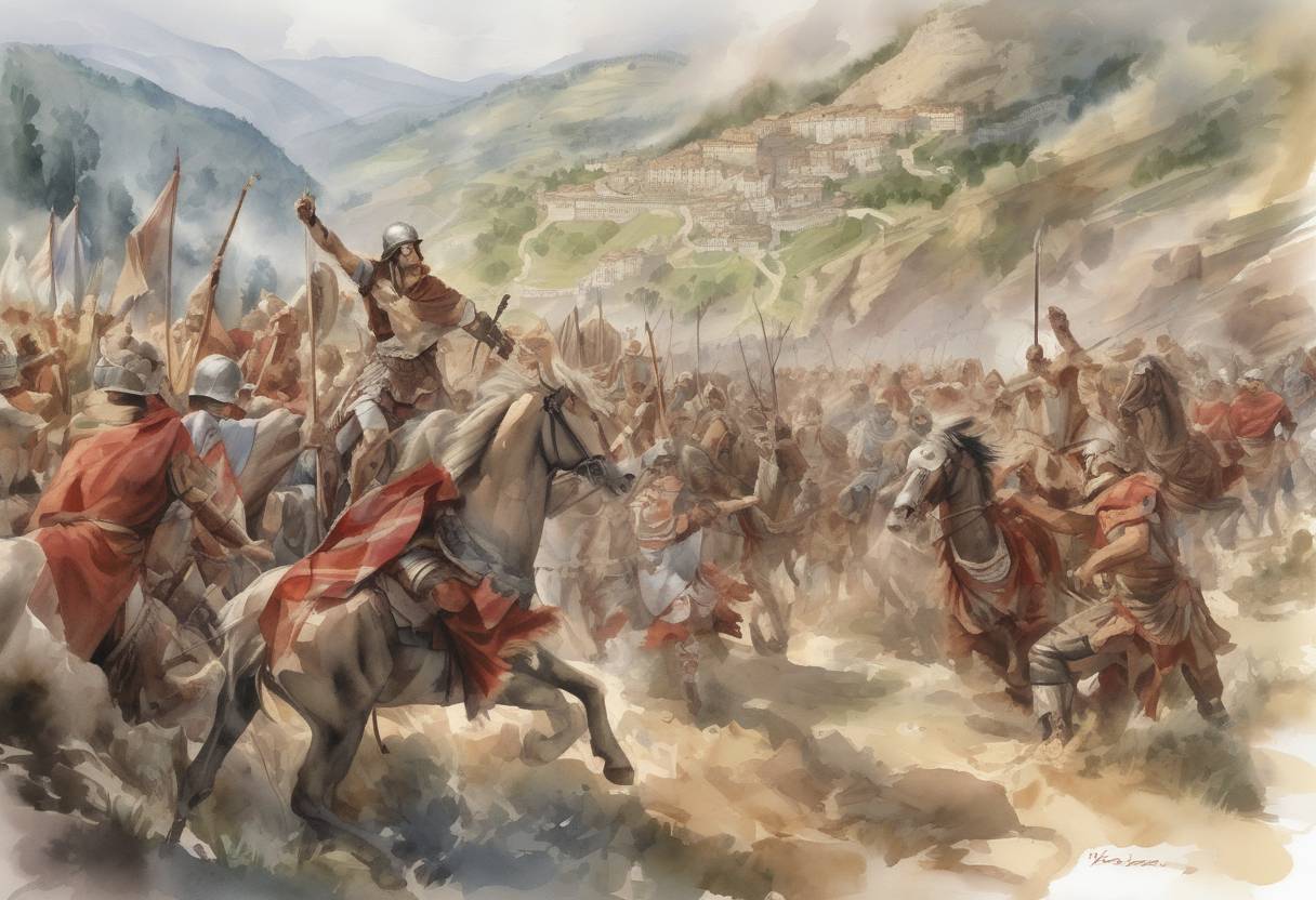 Watercolor painting based depiction of Vandals and Alans cross the Pyrenees into the Iberian Peninsula, marking a significant movement of these tribes into Roman territories. (409)