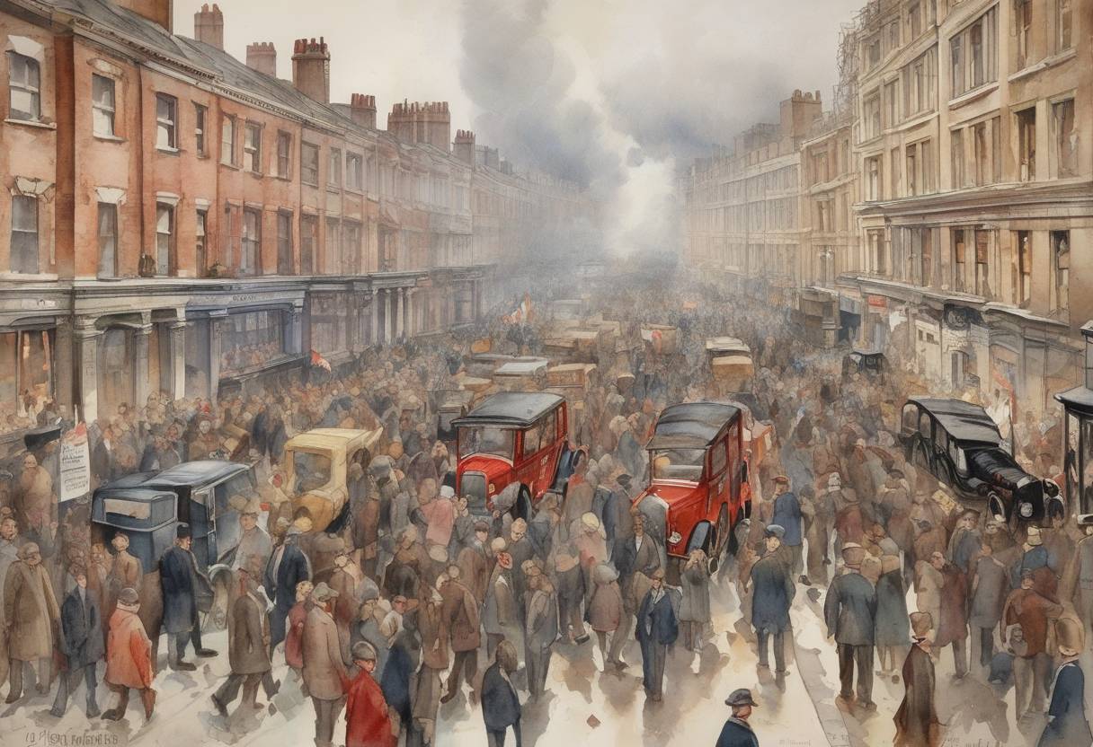 Watercolor painting based depiction of The General Strike in the United Kingdom ends after nine days. (1926)