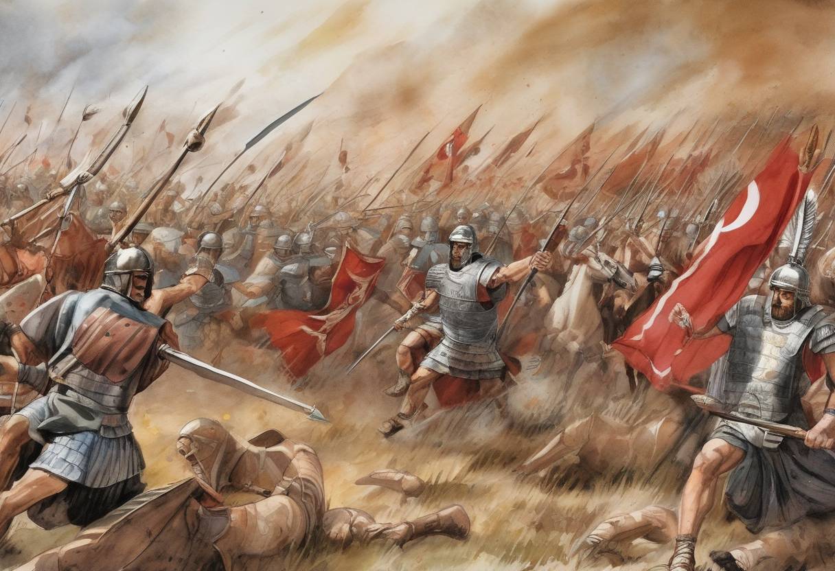 Watercolor painting based depiction of The Battle of Nisibis took place between the Roman Empire and the Parthian Empire. The Roman forces, led by Emperor Macrinus, faced the Parthians under King Artabanus IV. The battle ended inconclusively, leading to a peace treaty favorable to the Parthians. (217)