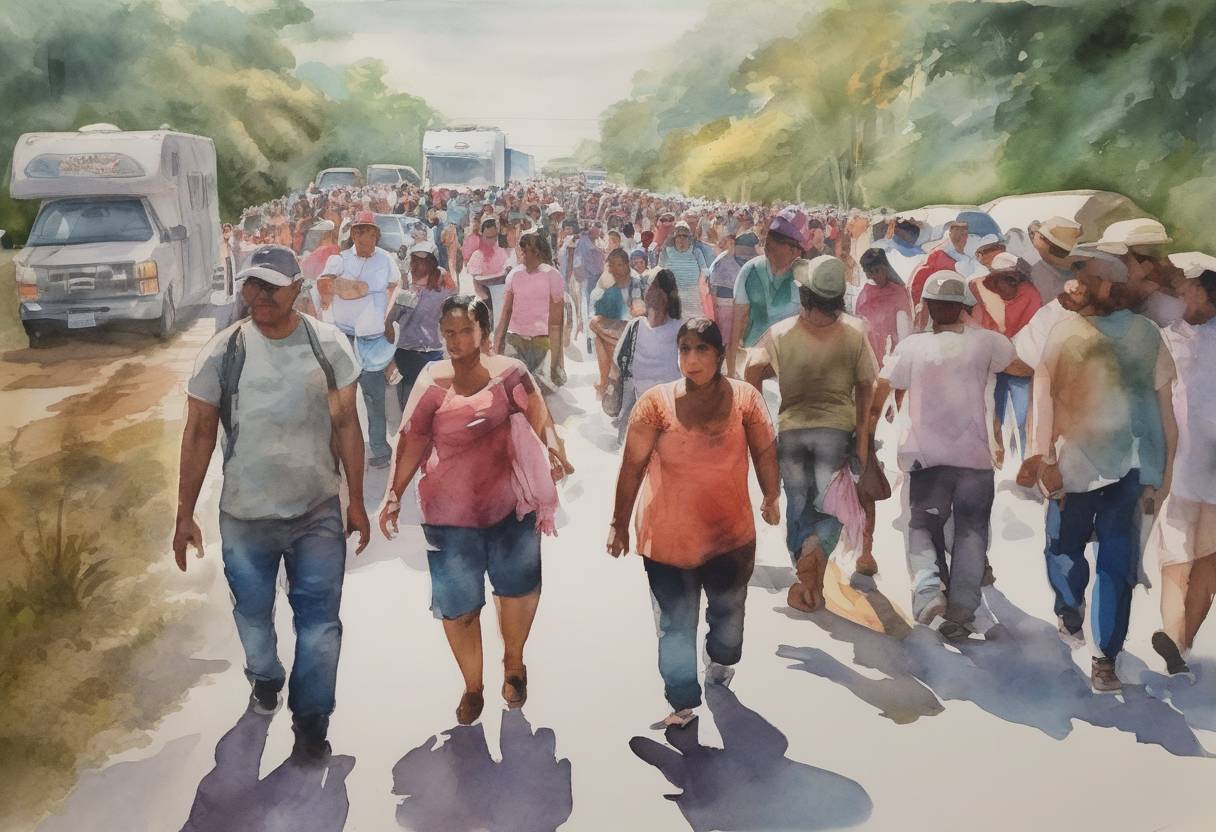 Watercolor painting based depiction of A caravan of migrants from Central America began its journey northward, drawing international attention as it moved through Mexico towards the United States border, highlighting issues of immigration and asylum. (2018)