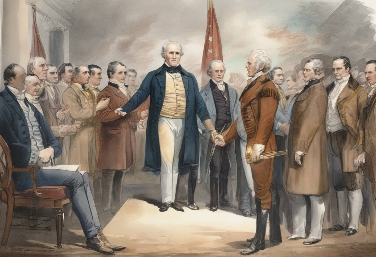 Watercolor painting based depiction of Sam Houston is inaugurated as the first President of the Republic of Texas. (1836)