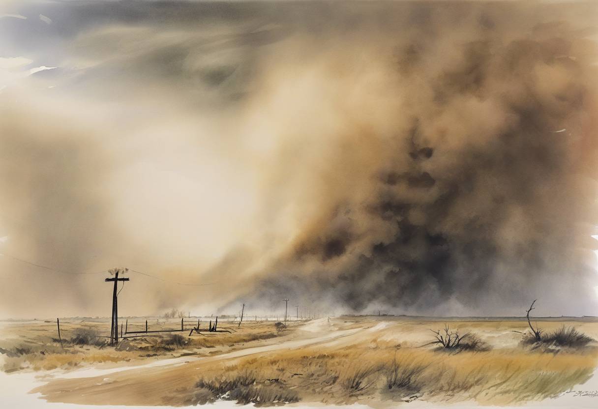 Watercolor painting based depiction of The Black Sunday dust storm, one of the worst dust storms in American history, swept across the Midwest, causing extensive damage and exacerbating the Dust Bowl conditions. (1935)