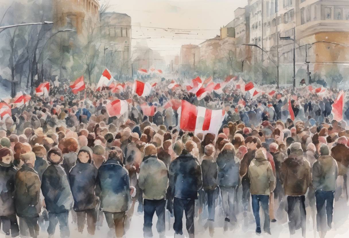 Watercolor painting based depiction of Mass protests erupted in Belarus following the presidential election, which was widely regarded as rigged in favor of incumbent Alexander Lukashenko. (2020)