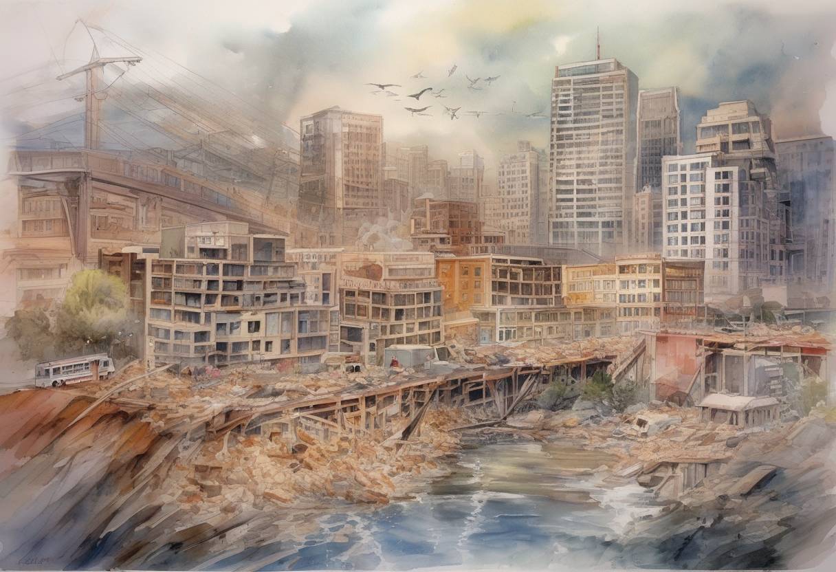 Watercolor painting based depiction of The Loma Prieta earthquake struck the San Francisco Bay Area, causing significant damage and loss of life, and interrupting the World Series. (1989)