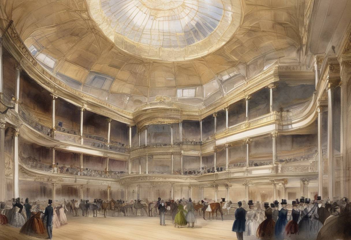 Watercolor painting based depiction of The present Royal Opera House in Covent Garden, London, opened after being rebuilt following a fire. (1858)