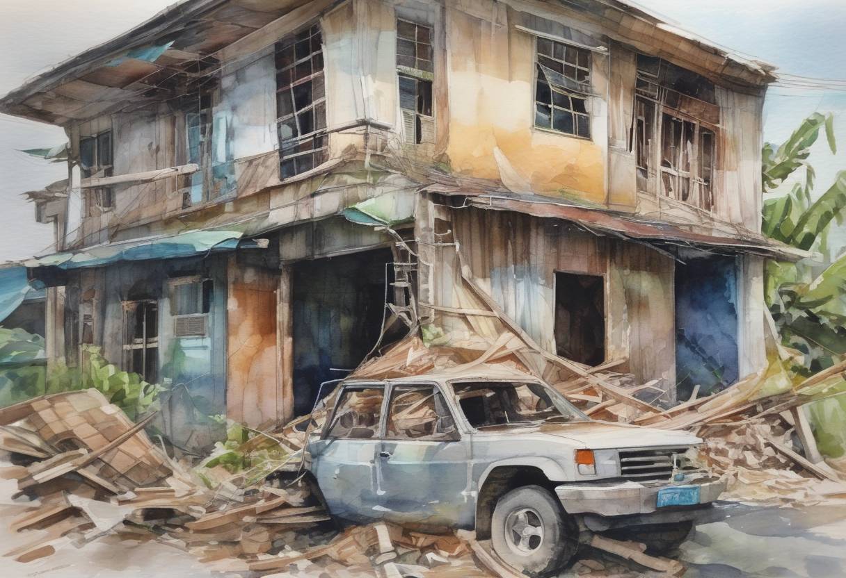 Watercolor painting based depiction of A 6.3 magnitude earthquake struck the Philippines, causing damage to buildings and infrastructure but resulting in no fatalities. (2019)