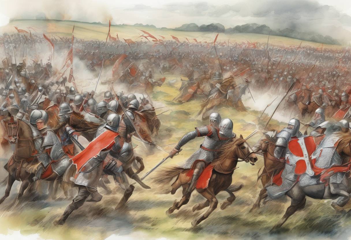 Watercolor painting based depiction of The Battle of Maserfield took place, where Penda of Mercia defeated and killed Oswald of Northumbria, leading to significant shifts in power among the Anglo-Saxon kingdoms. (642)