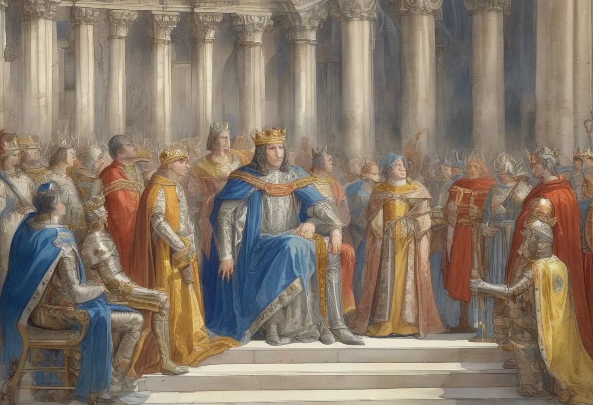 Watercolor painting based depiction of Philip Augustus becomes King of France, succeeding his father Louis VII. (1180)