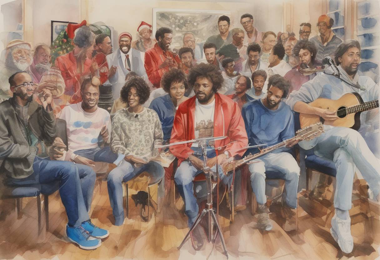 Watercolor painting based depiction of 36 top musicians gather in a Notting Hill studio to record 'Do They Know It's Christmas?' to raise money for famine relief in Ethiopia, marking a significant moment in charity music. (1984)