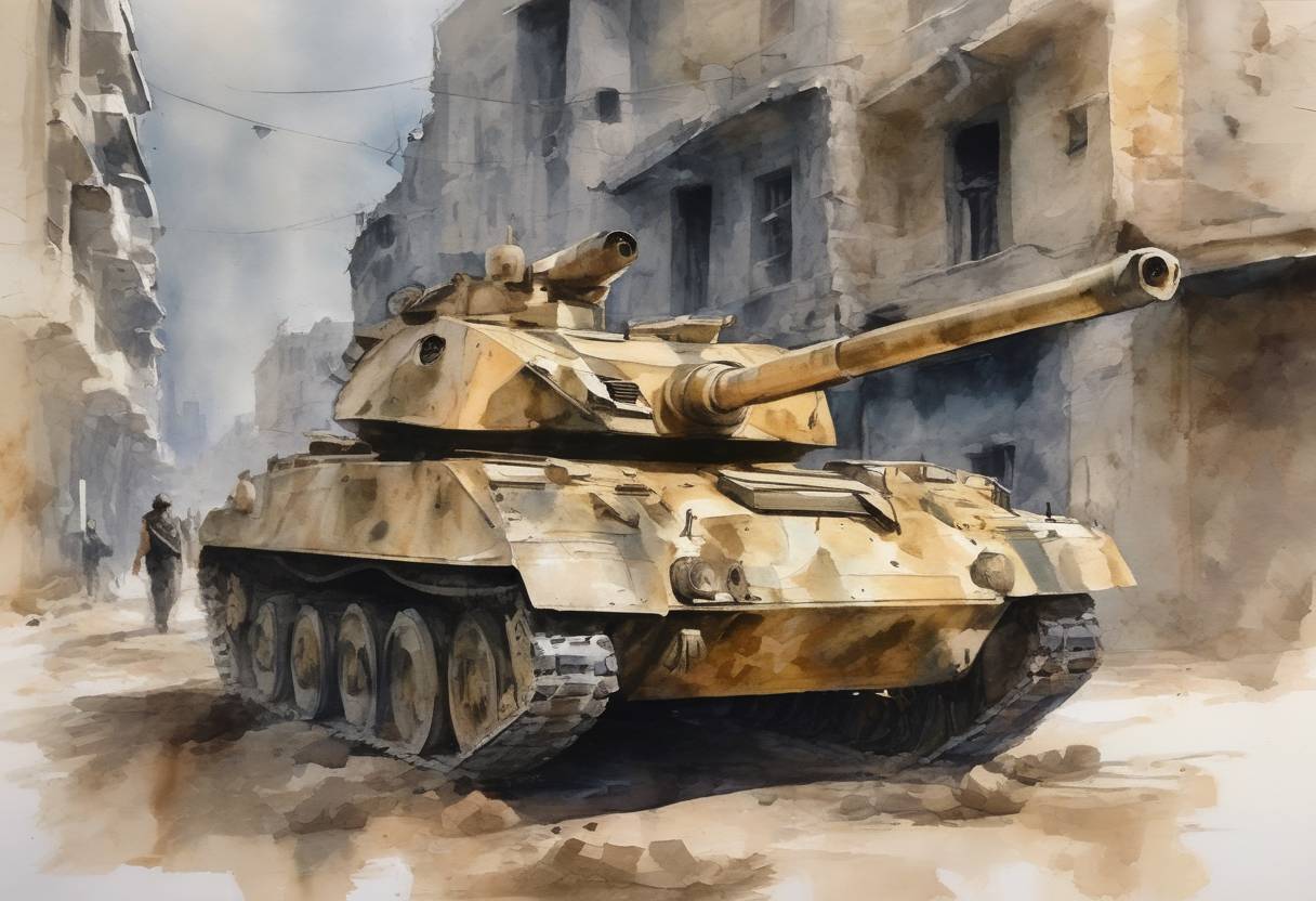 Watercolor painting based depiction of The Syrian Army, backed by Russian forces, recaptures the city of Aleppo from rebel groups, marking a turning point in the Syrian Civil War. (2016)