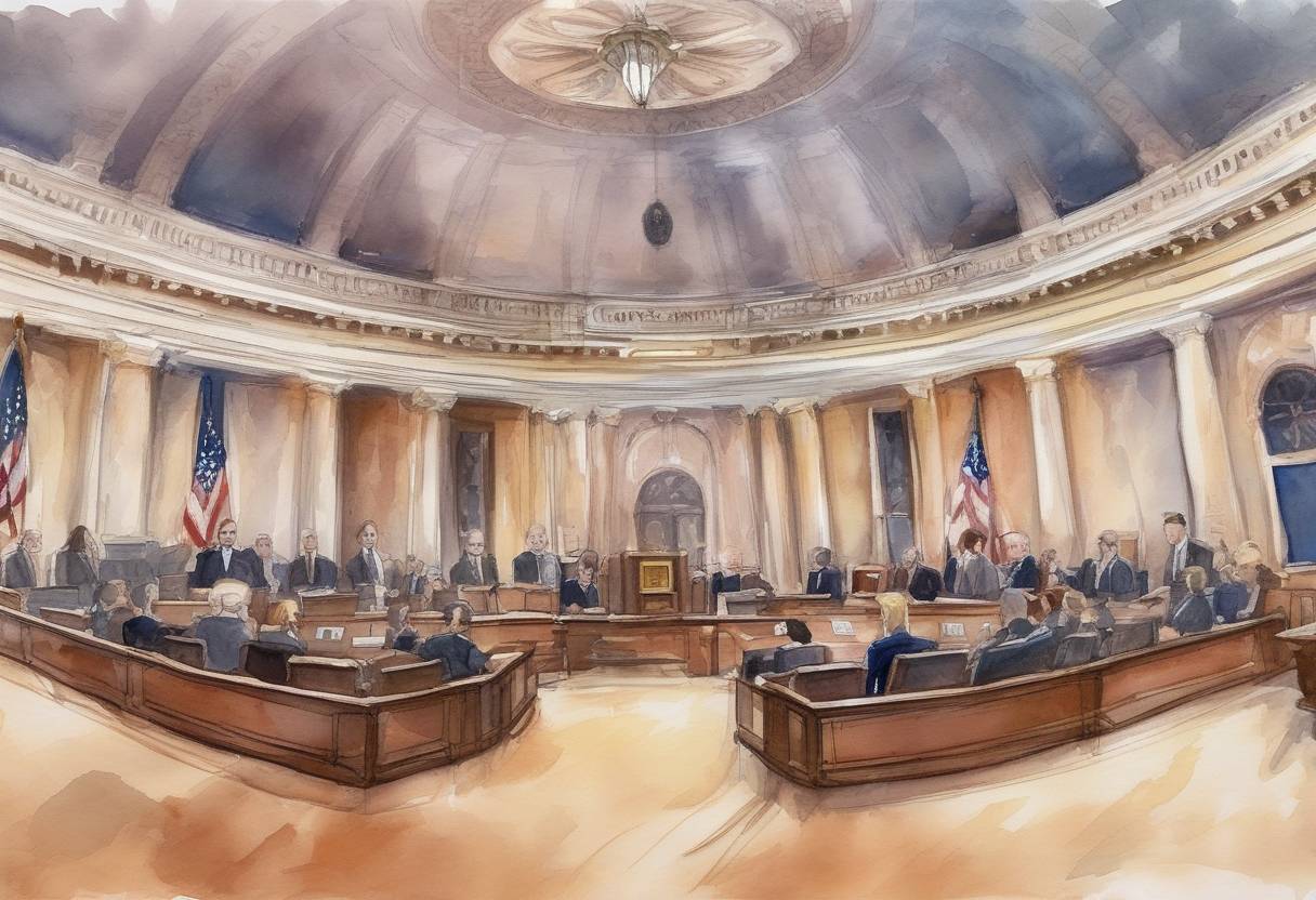Watercolor painting based depiction of The United States House of Representatives voted to formalize the impeachment inquiry into President Donald Trump, marking a significant step in the investigation into his dealings with Ukraine. This was part of the broader impeachment process that led to Trump's impeachment in December 2019. (2019)