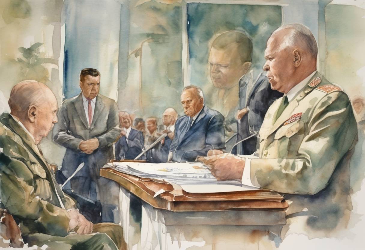 Watercolor painting based depiction of The Cuban Missile Crisis ends as Soviet leader Nikita Khrushchev announces the removal of Soviet missiles from Cuba. (1962)