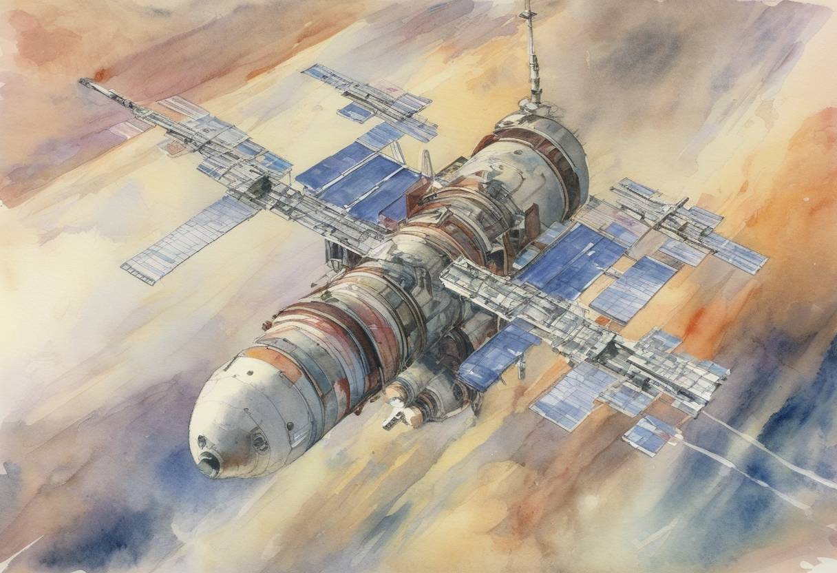Watercolor painting based depiction of The Soviet Union launched the Mir space station, which became the first modular space station and operated in low Earth orbit until 2001. (1986)