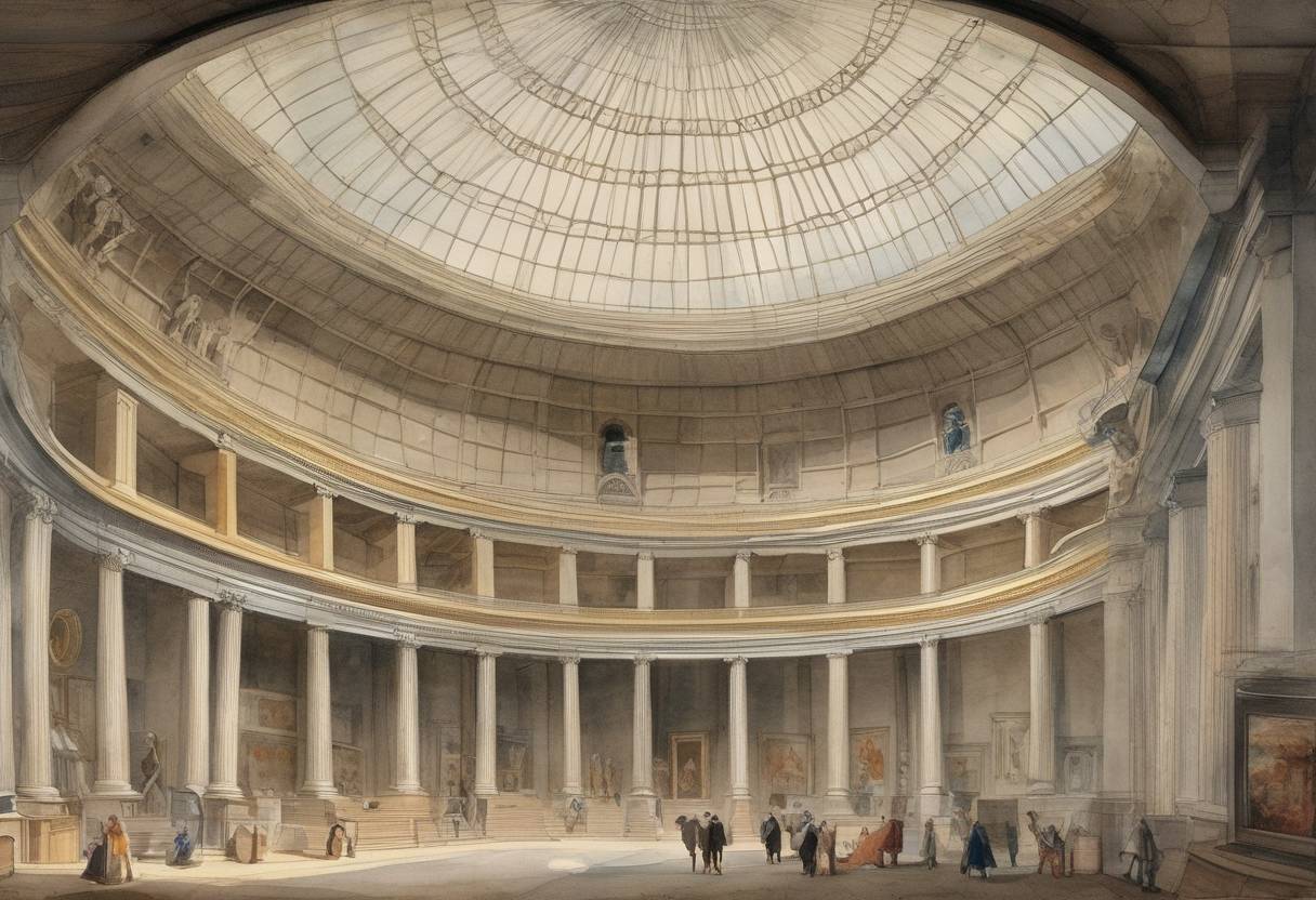 Watercolor painting based depiction of The British Museum is established by an Act of Parliament. (1753)