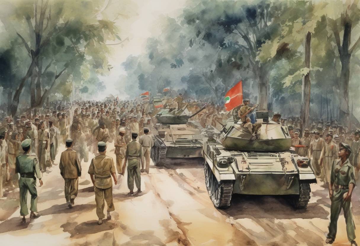 Watercolor painting based depiction of Bangladesh Liberation War ends with the surrender of the Pakistan Eastern Command in Dhaka, leading to the creation of Bangladesh. (1971)