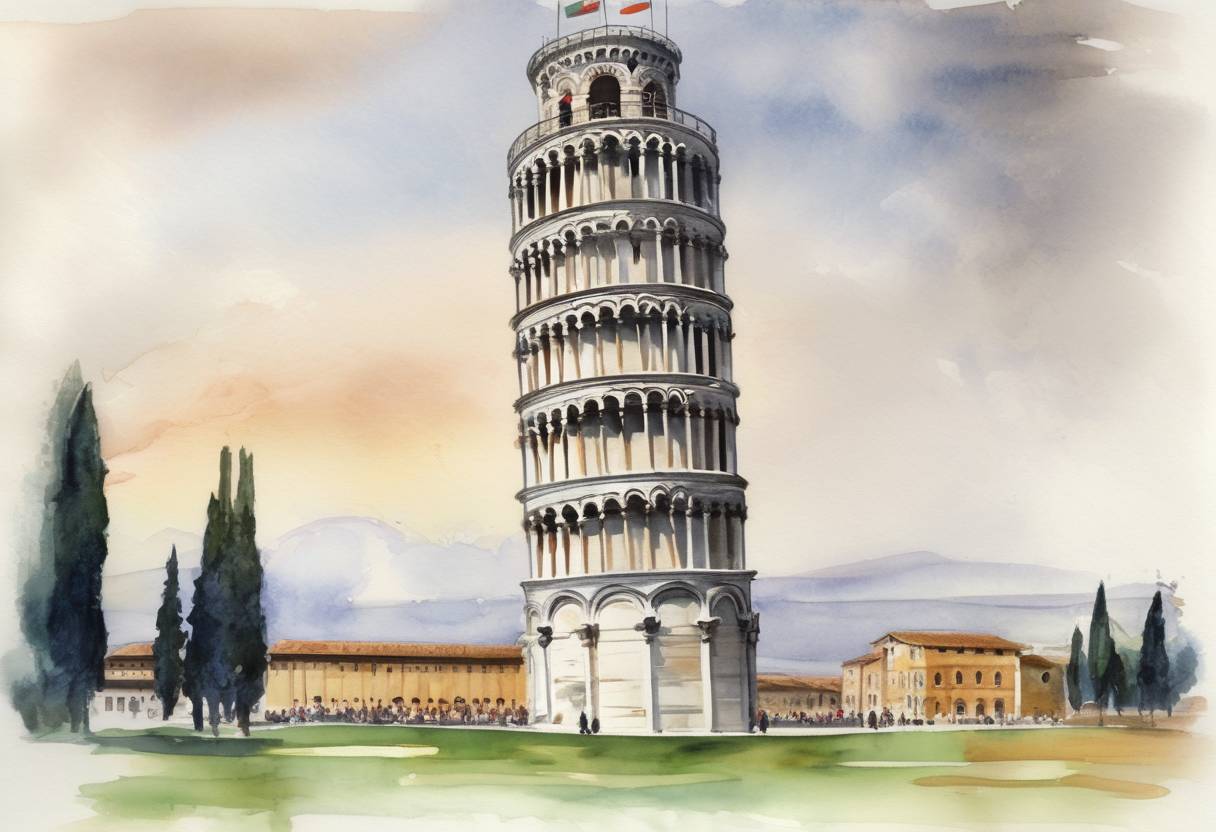 Watercolor painting based depiction of The Leaning Tower of Pisa reopened to the public after 11 years of stabilization work to prevent it from toppling over. (2001)