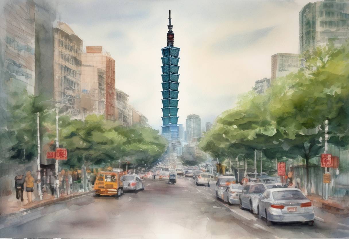 Watercolor painting based depiction of The Taipei 101 skyscraper in Taipei, Taiwan, was topped out, making it the tallest building in the world at the time. (2003)