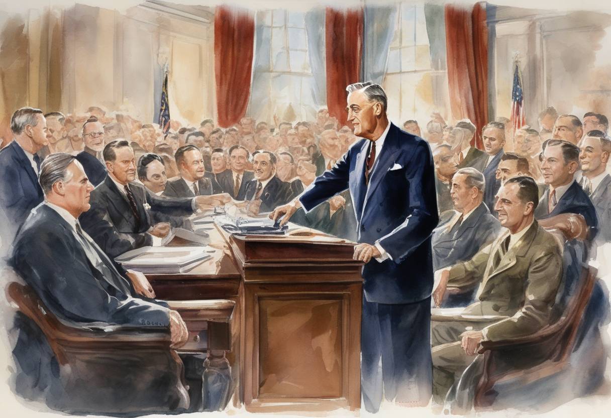 Watercolor painting based depiction of Franklin D. Roosevelt was elected to a fourth term as President of the United States. (1944)