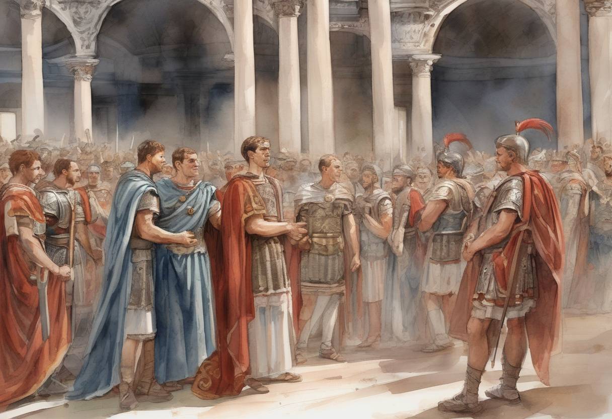Watercolor painting based depiction of Roman Emperor Constantius II elevates his cousin Julian to the rank of Caesar, entrusting him with the government of the Western Roman Empire. (355)
