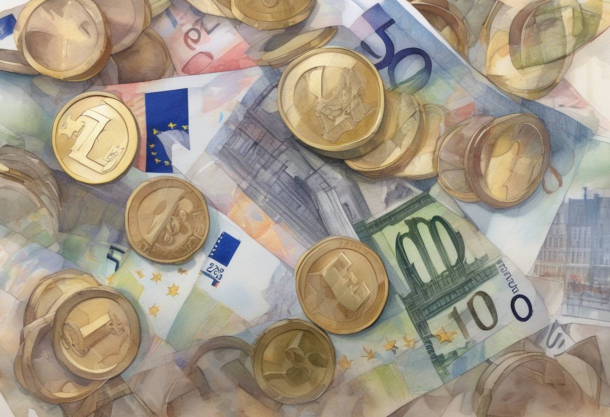 Watercolor painting based depiction of The euro currency was officially introduced in 12 European Union countries, marking a significant step in European economic integration. (2002)