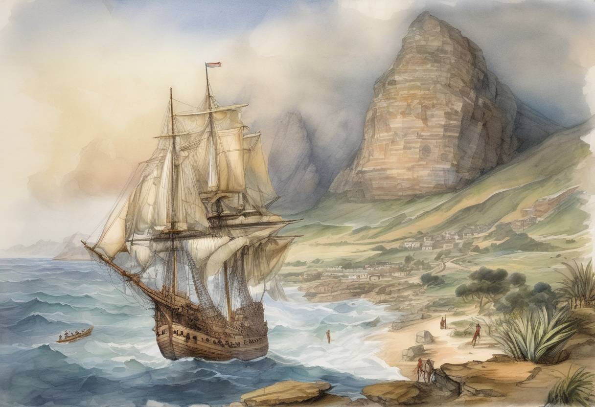 Watercolor painting based depiction of Portuguese explorer Vasco da Gama rounded the Cape of Good Hope, the southern tip of Africa, opening the sea route to India. (1497)