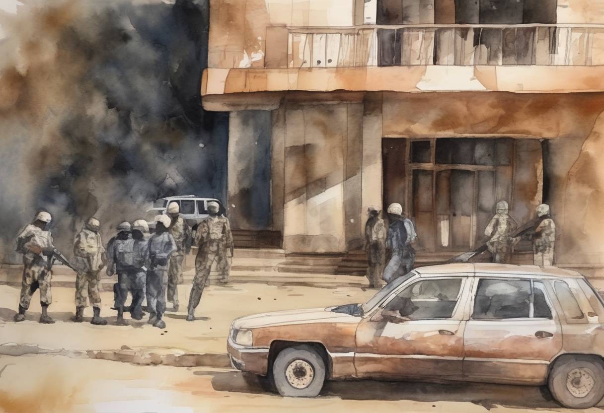 Watercolor painting based depiction of Mali hotel attack: Gunmen took 170 hostages at the Radisson Blu hotel in Bamako, Mali, resulting in the deaths of 20 people. The attack was claimed by the militant group Al-Mourabitoun. (2015)