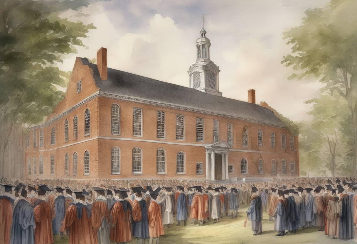 Watercolor painting based depiction of The first commencement exercises were held at Harvard College, the first institution of higher learning in the United States. (1642)