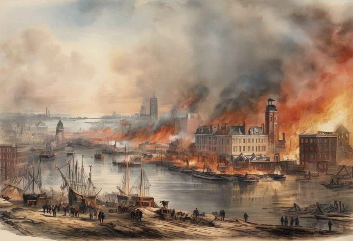 Watercolor painting based depiction of The Great Boston Fire of 1872 began, destroying about 65 acres of downtown Boston, Massachusetts. (1872)