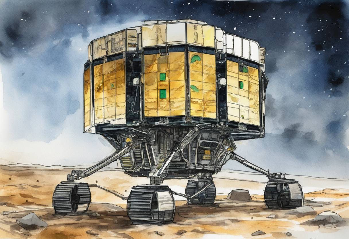 Watercolor painting based depiction of The European Space Agency's Philae lander, part of the Rosetta mission, successfully landed on the surface of comet 67P/Churyumov-Gerasimenko, marking the first time a spacecraft landed on a comet. (2014)
