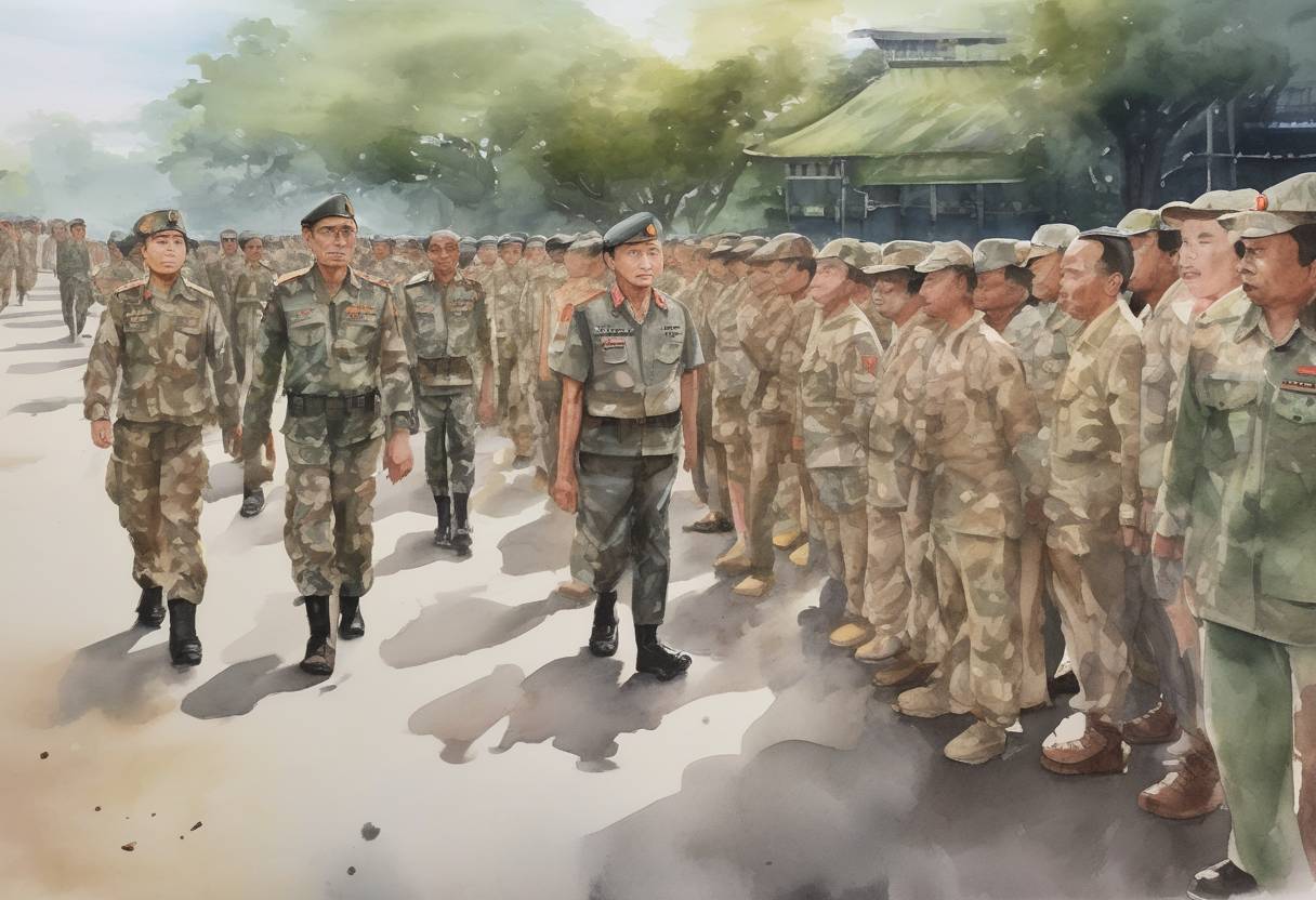 Watercolor painting based depiction of The military of Myanmar staged a coup d'état, detaining civilian leader Aung San Suu Kyi and other government officials, leading to widespread protests and international condemnation. (2021)