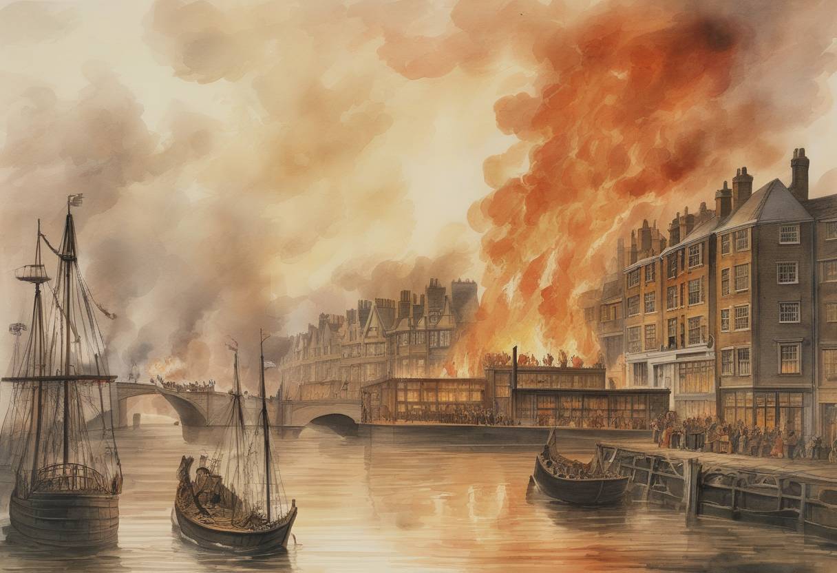 Watercolor painting based depiction of The Great Fire of London began in a bakery on Pudding Lane, eventually destroying a large part of the city over several days. (1666)
