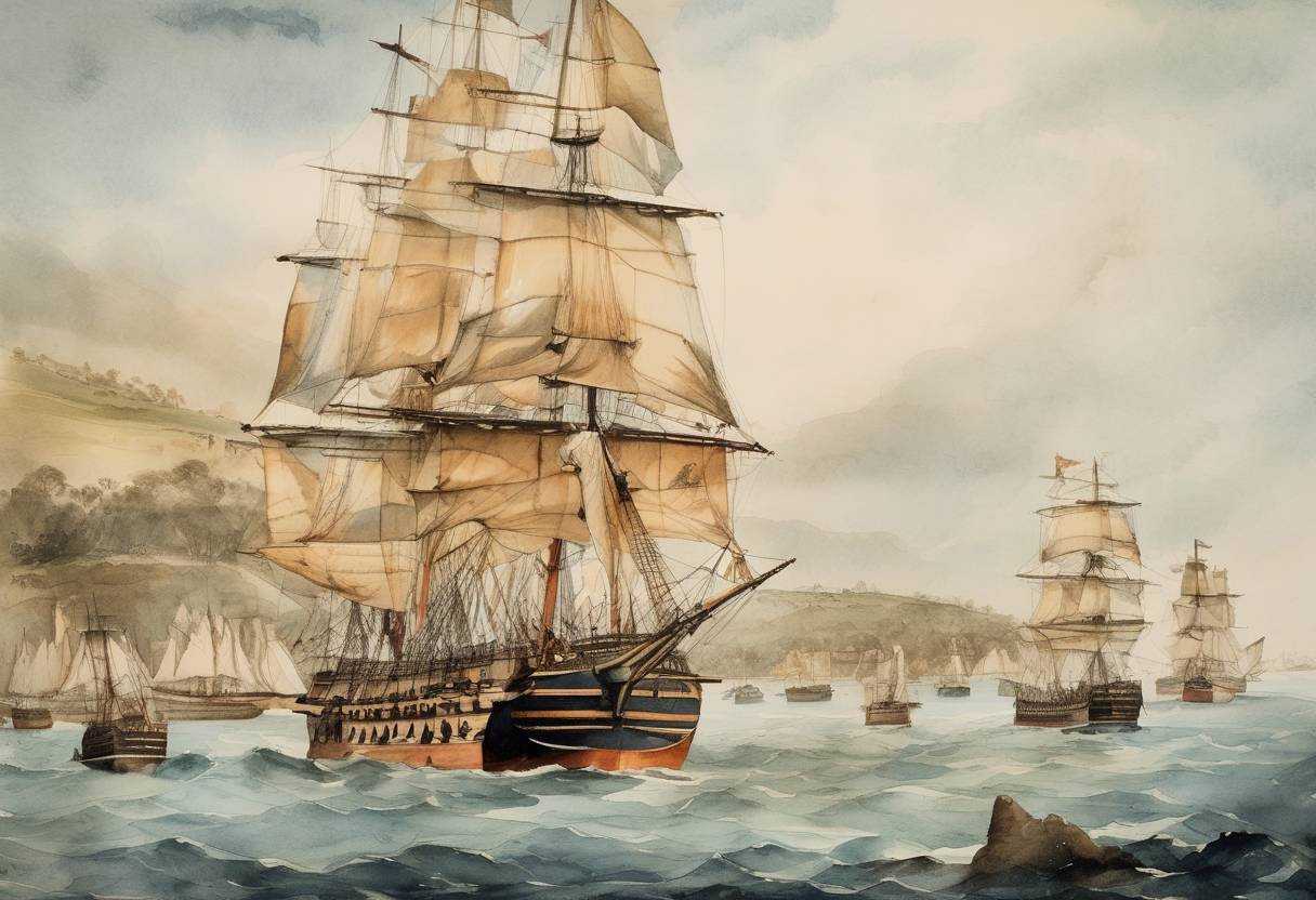 Watercolor painting based depiction of The British First Fleet, led by Captain Arthur Phillip, arrived at Port Jackson, marking the founding of the colony of New South Wales, now part of Australia. (1788)