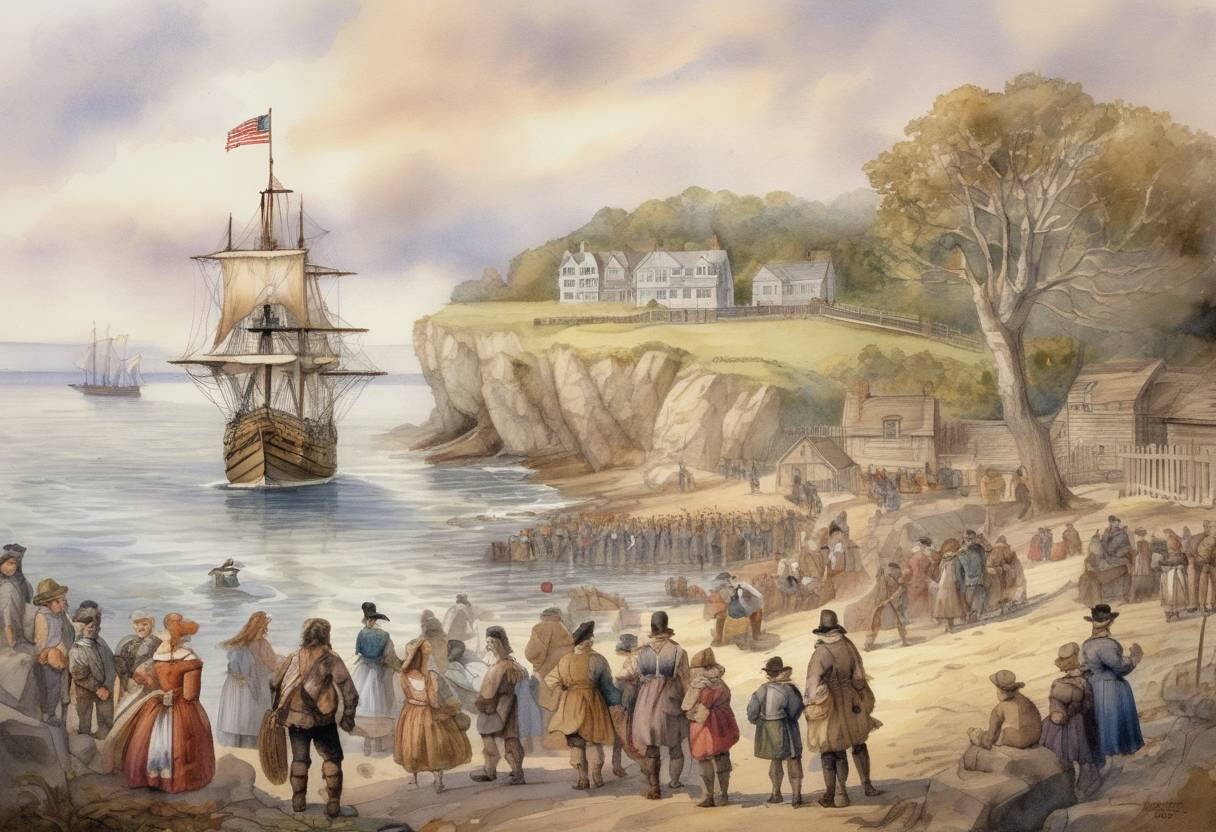 Watercolor painting based depiction of The Mayflower Pilgrims landed at Plymouth Rock in present-day Massachusetts, marking a significant event in the early colonization of North America. (1620)