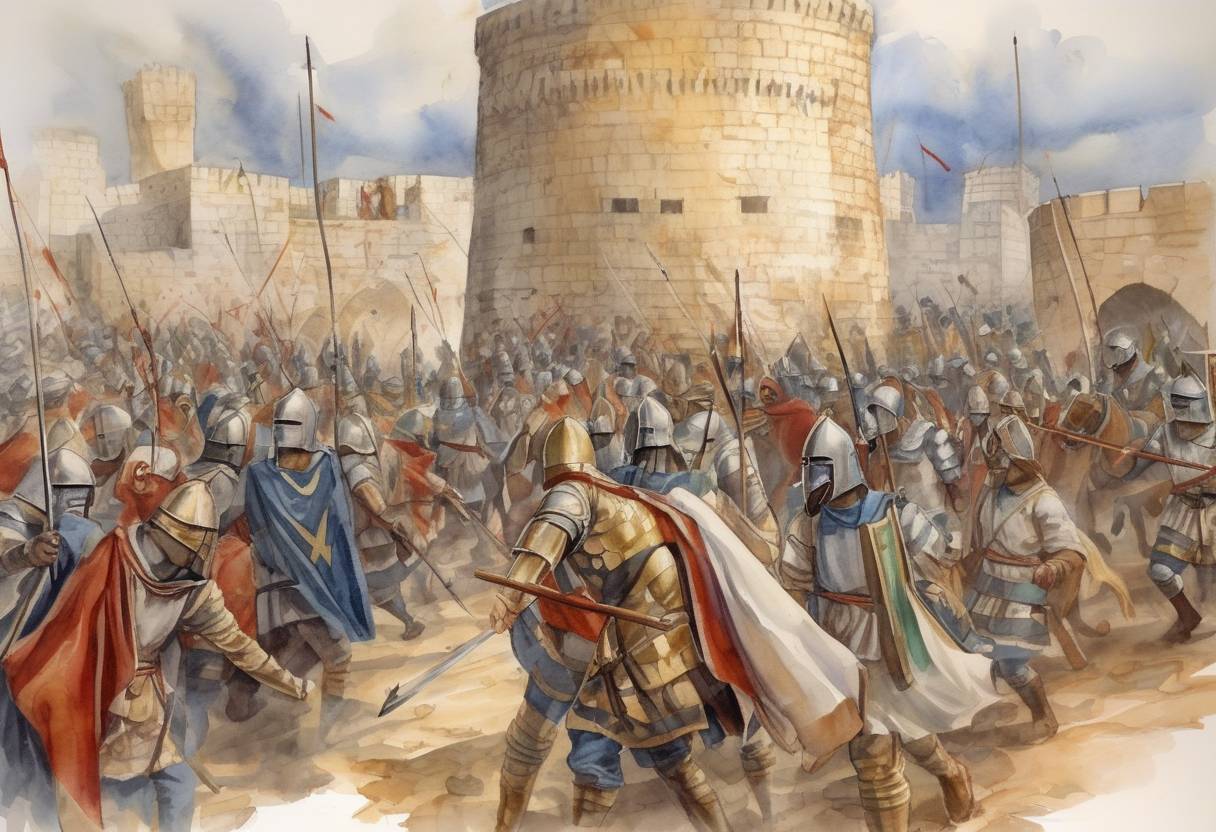 Watercolor painting based depiction of The Third Crusade: The Crusaders begin the Siege of Acre, a pivotal battle in the campaign to reclaim Jerusalem from Saladin. (1189)