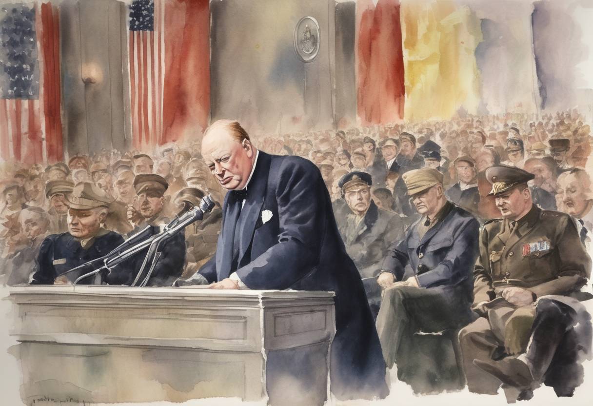 Watercolor painting based depiction of Winston Churchill delivered his famous 'Iron Curtain' speech in Fulton, Missouri, highlighting the division between Western powers and the Soviet Union, marking the beginning of the Cold War era. (1946)
