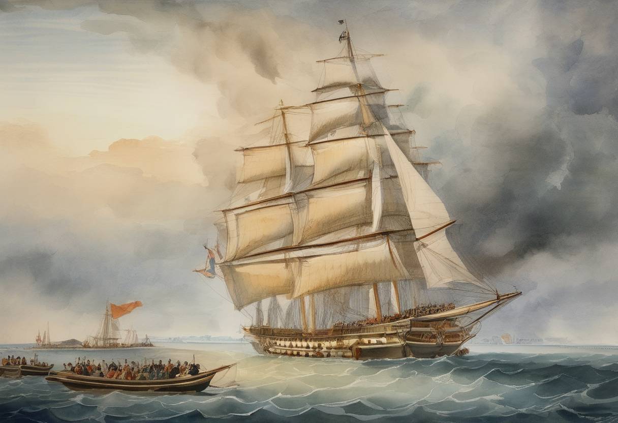 Watercolor painting based depiction of Napoleon Bonaparte returned to France from exile on Elba, marking the beginning of the Hundred Days. (1815)