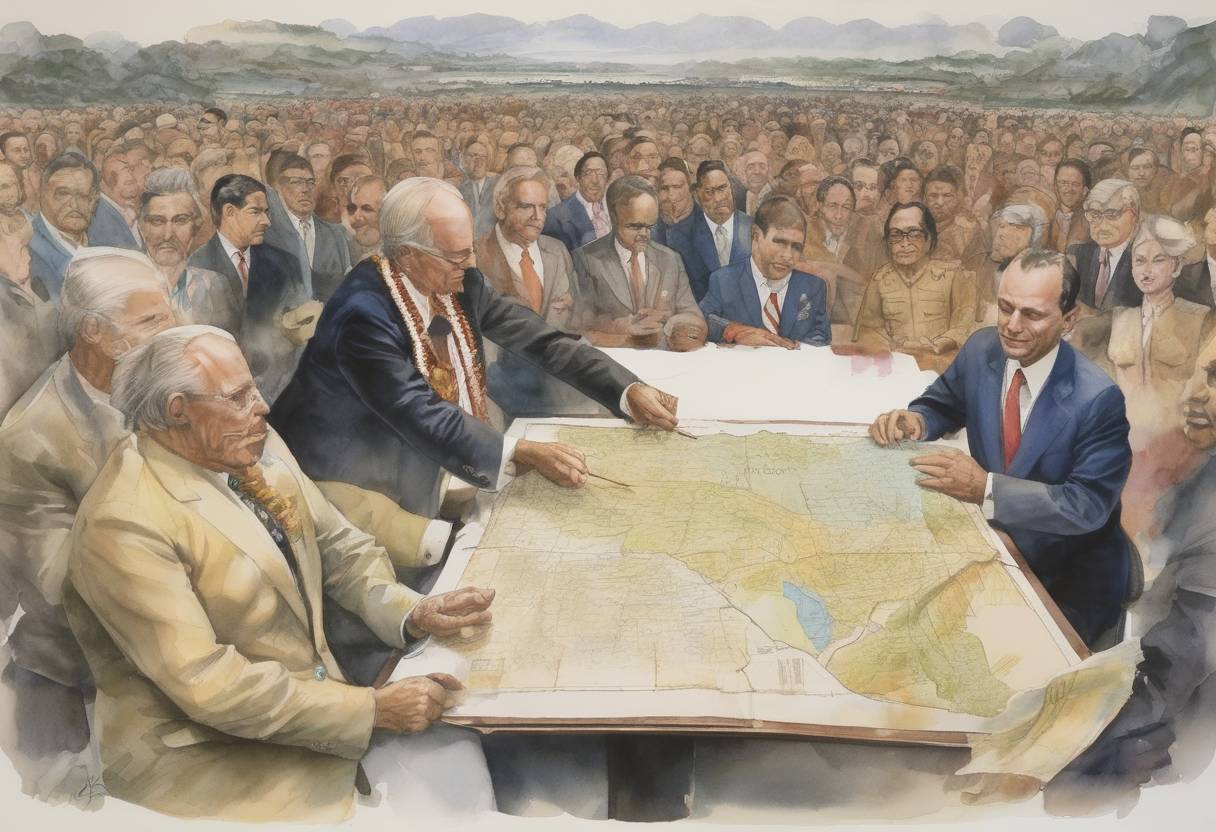 Watercolor painting based depiction of The Torrijos-Carter Treaties were signed, guaranteeing Panama control over the Panama Canal after 1999. (1977)