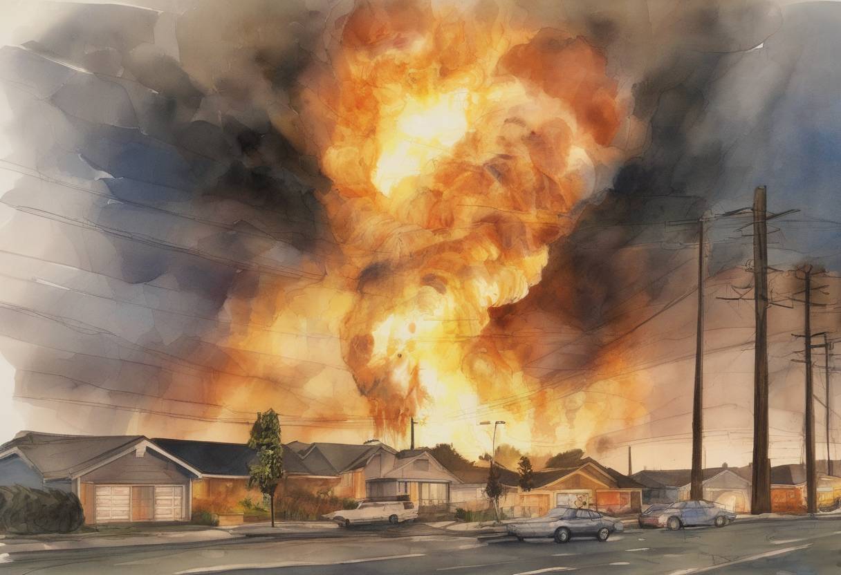 Watercolor painting based depiction of The San Bruno pipeline explosion occurred in San Bruno, California, when a natural gas pipeline owned by Pacific Gas and Electric Company exploded, killing eight people and destroying 38 homes. (2010)