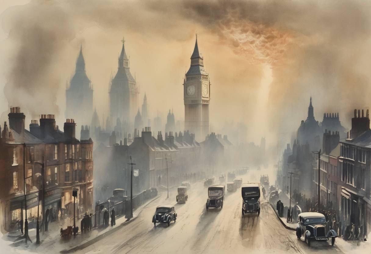 Watercolor painting based depiction of The Great Smog of London began, lasting until December 9, causing severe air pollution and leading to the deaths of thousands of people. (1952)