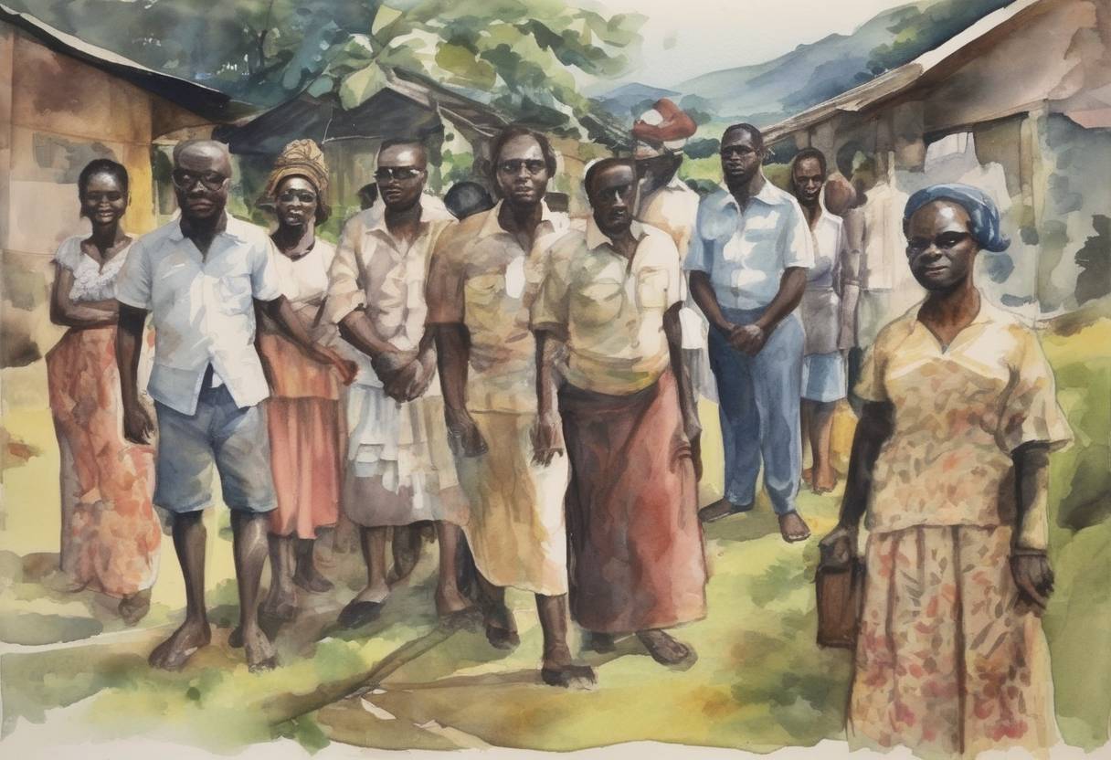Watercolor painting based depiction of São Tomé and Príncipe gained independence from Portugal, becoming an independent nation. (1975)