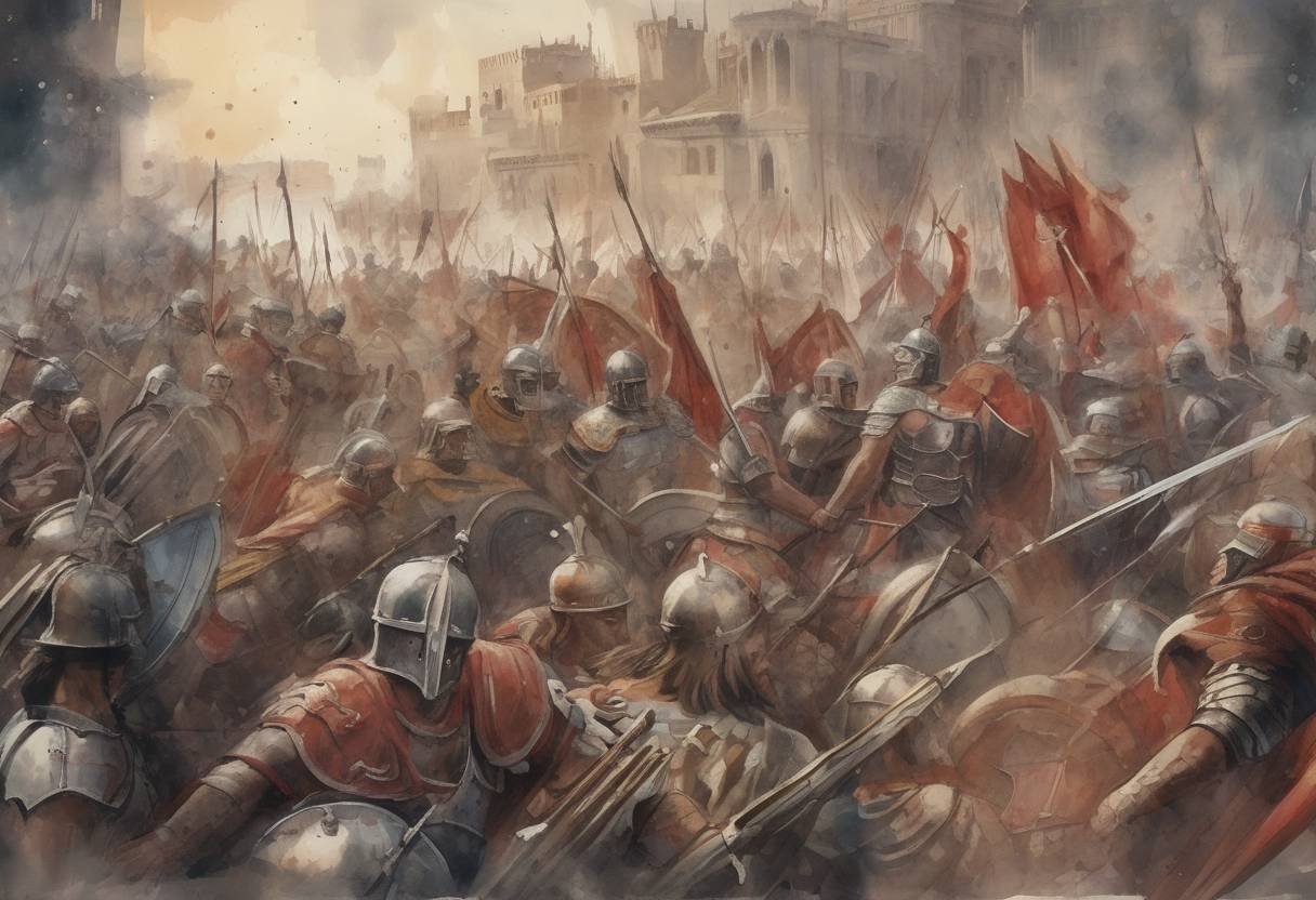Watercolor painting based depiction of The Gothic War begins as the Goths, led by Fritigern, defeat the Roman army at the Battle of Marcianople. (376)