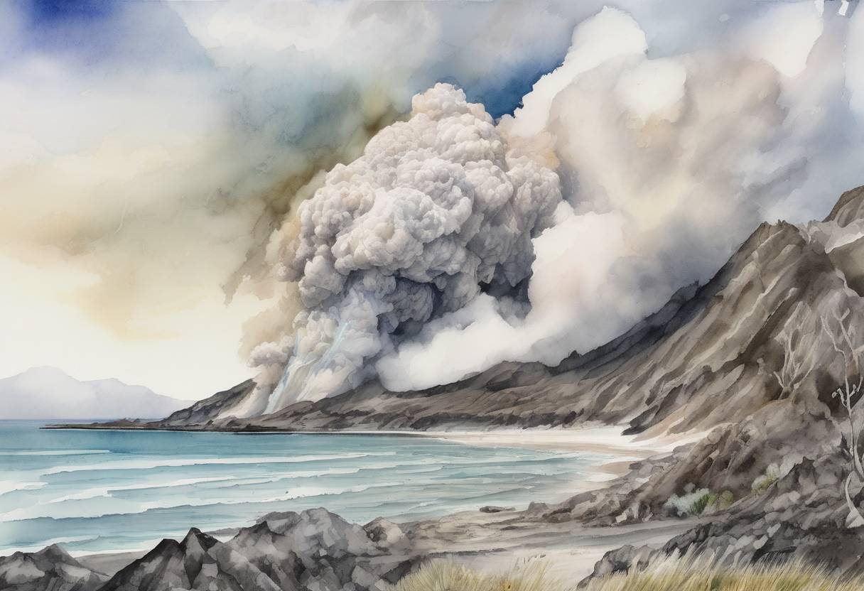 Watercolor painting based depiction of A volcanic eruption occurred on White Island (Whakaari) in New Zealand, resulting in 22 deaths and multiple injuries among tourists and guides who were on the island at the time. (2019)