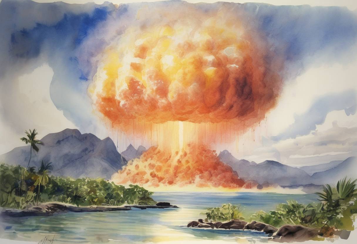 Watercolor painting based depiction of France explodes its first hydrogen bomb, becoming the world's fifth thermonuclear power. (1968)