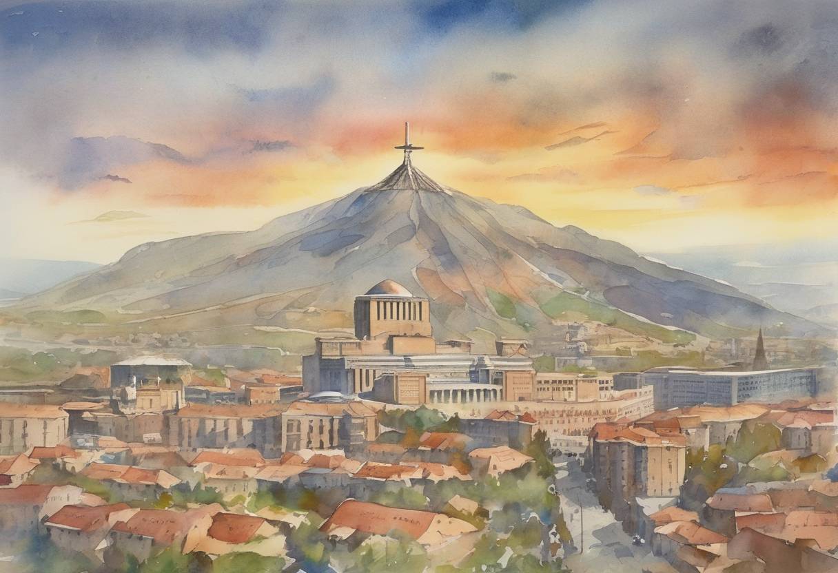 Watercolor painting based depiction of Armenia declared its independence from the Soviet Union. (1990)