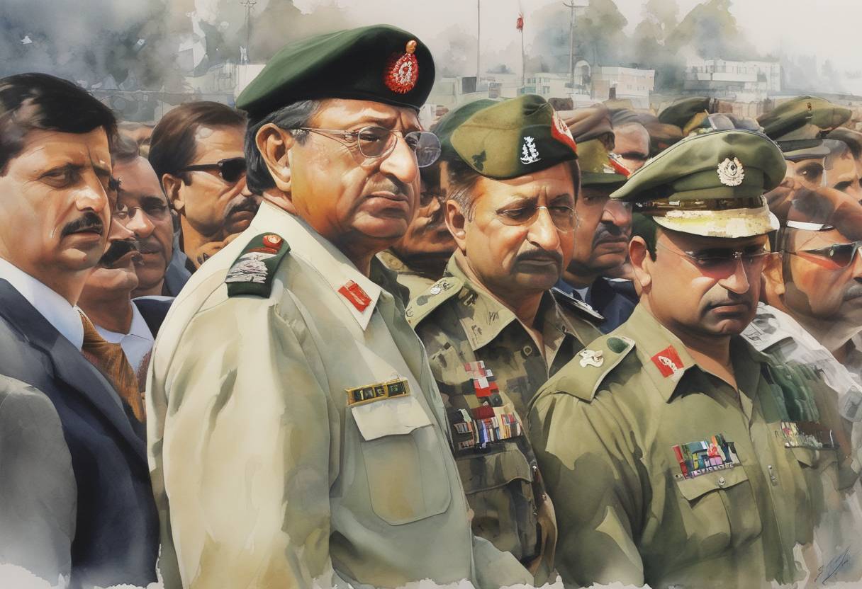Watercolor painting based depiction of Pervez Musharraf takes power in Pakistan through a military coup, ousting Prime Minister Nawaz Sharif. (1999)