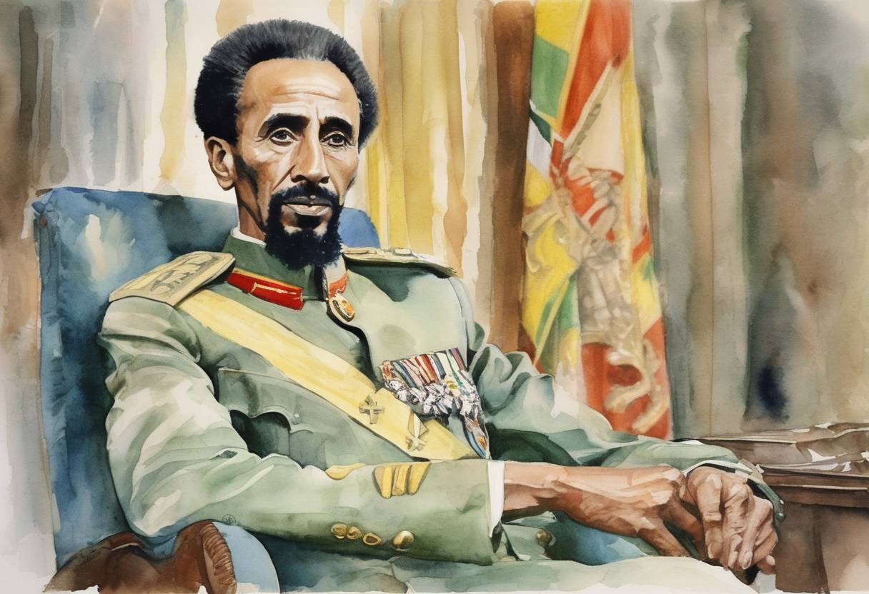 Watercolor painting based depiction of Emperor Haile Selassie I of Ethiopia was deposed in a coup d'état, ending his reign and leading to the establishment of a Marxist-Leninist government. (1974)
