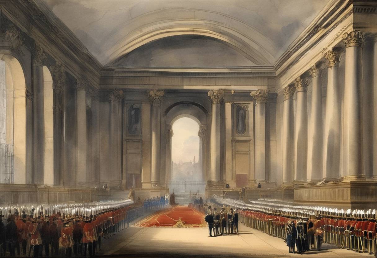 Watercolor painting based depiction of Napoleon Bonaparte's remains were transferred to Les Invalides in Paris, France. His body had been returned to France from Saint Helena following negotiations between King Louis-Philippe and the British government. (1840)