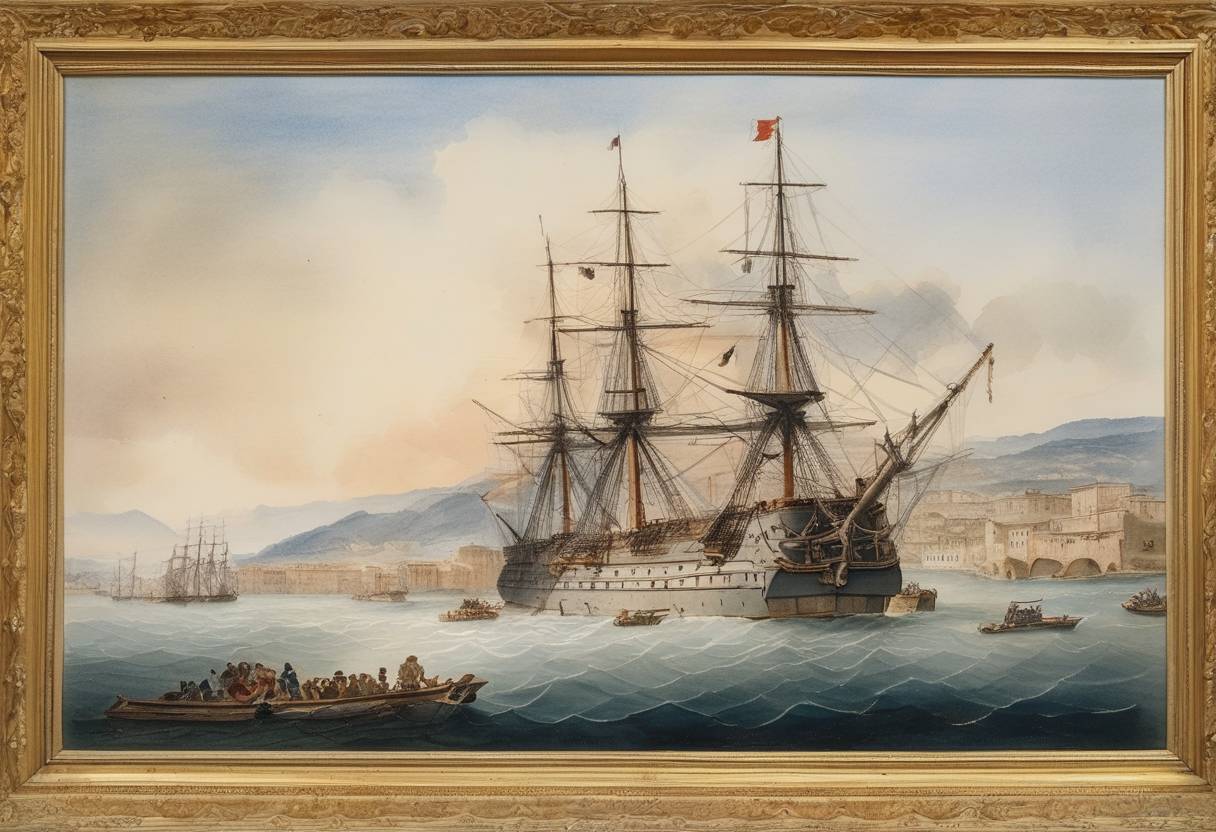 Watercolor painting based depiction of The Royal Navy ship HMS Le Juste was scuttled as part of dismantling the French siege of Gaeta during the War of the Third Coalition. (1806)