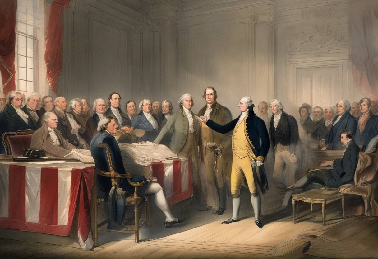 Watercolor painting based depiction of The Twelfth Amendment to the United States Constitution is ratified by the state of New Hampshire, ensuring its adoption. The Amendment revised the procedure for electing the President and Vice President. (1804)