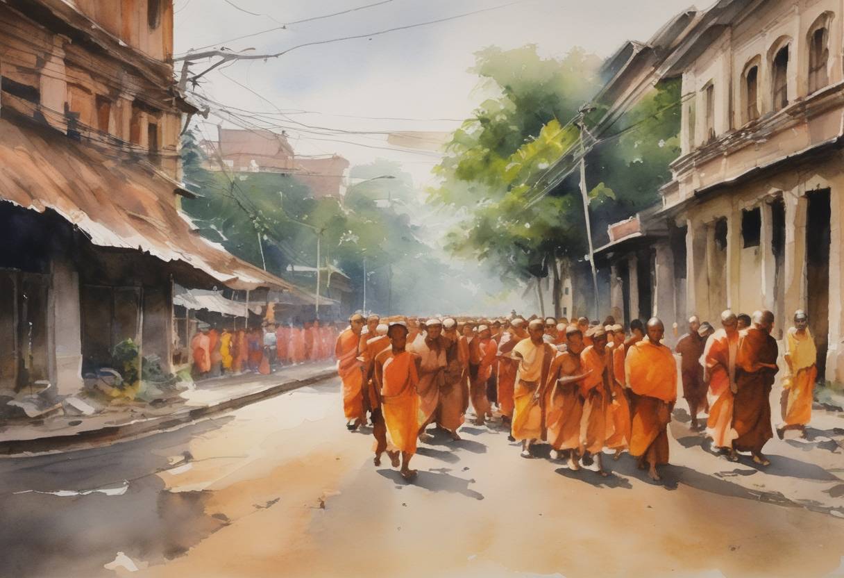Watercolor painting based depiction of The military junta in Myanmar cracked down on the pro-democracy protests led by Buddhist monks, known as the Saffron Revolution. (2007)